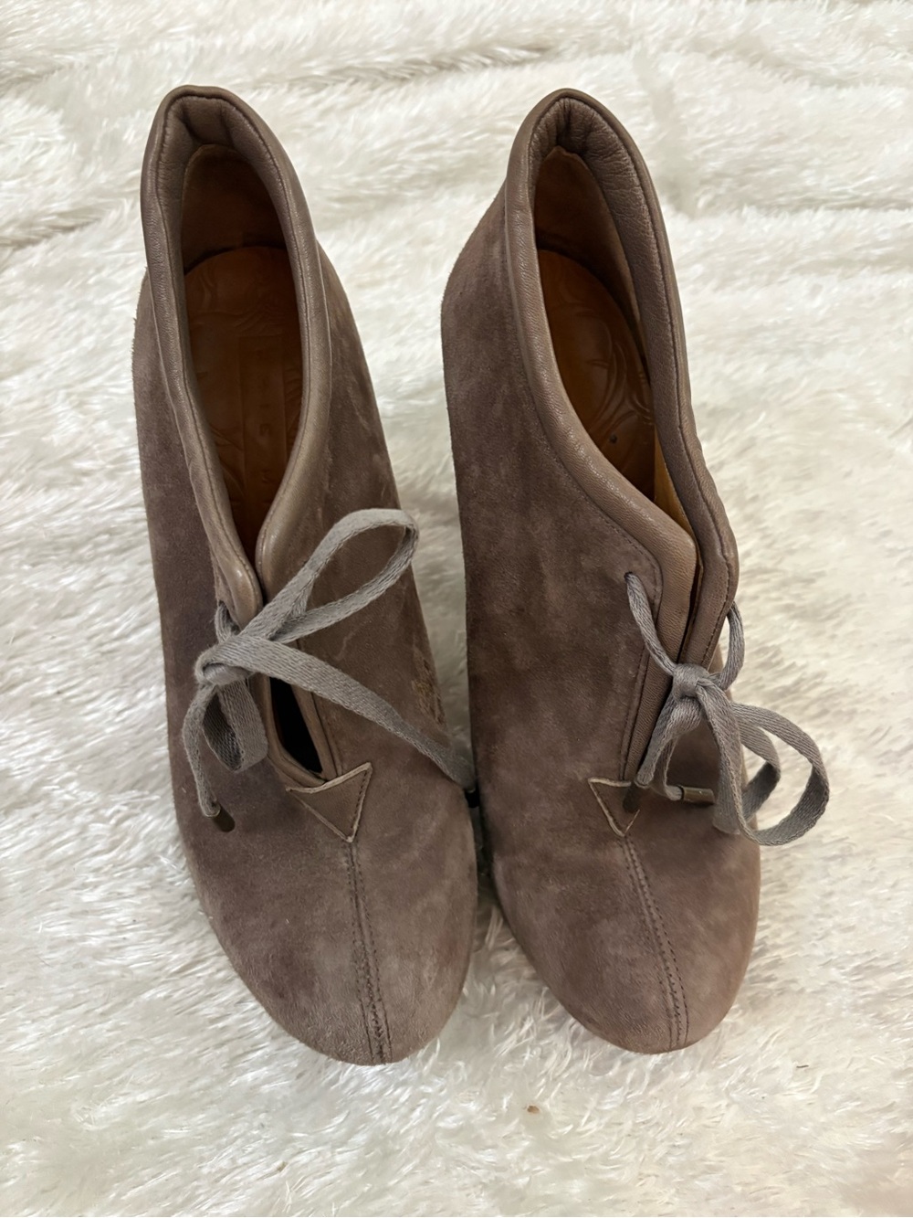 Chie Mihara Olga Suede Lace-Up Booties in a taupe or gray suede finish size 39.5